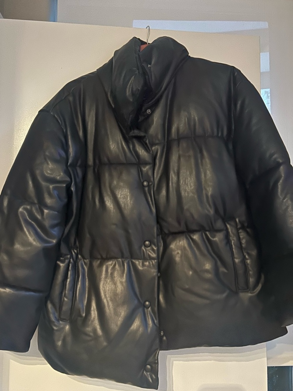 Dynamite Black Puffer Coat - Women's Faux Leather Quilted Jacket oversized
